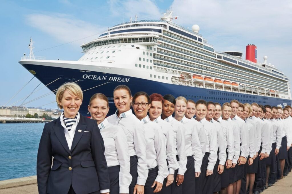 A large group of smiling cruise ship crew members in uniform standing in a line on the dock in front of a blue-and-white cruise ship named Ocean Dream.